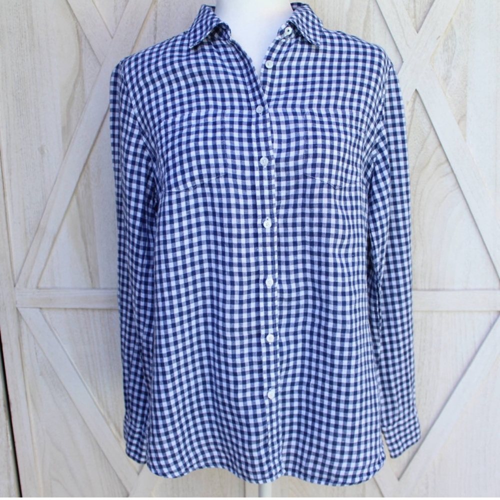 Talbots Linen Button Down Shirt Gingham Checkered